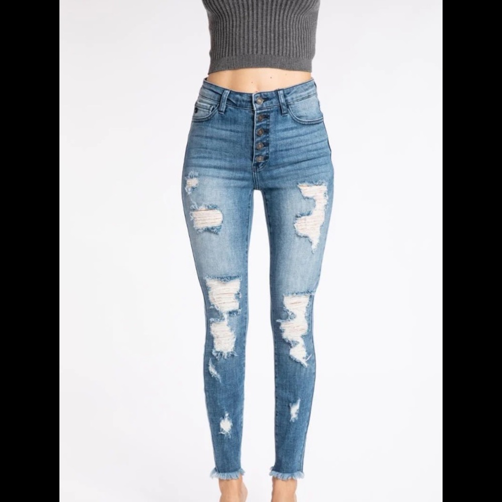 NWT KANCAN button fly high rise raw hem jeans size 5 / 26